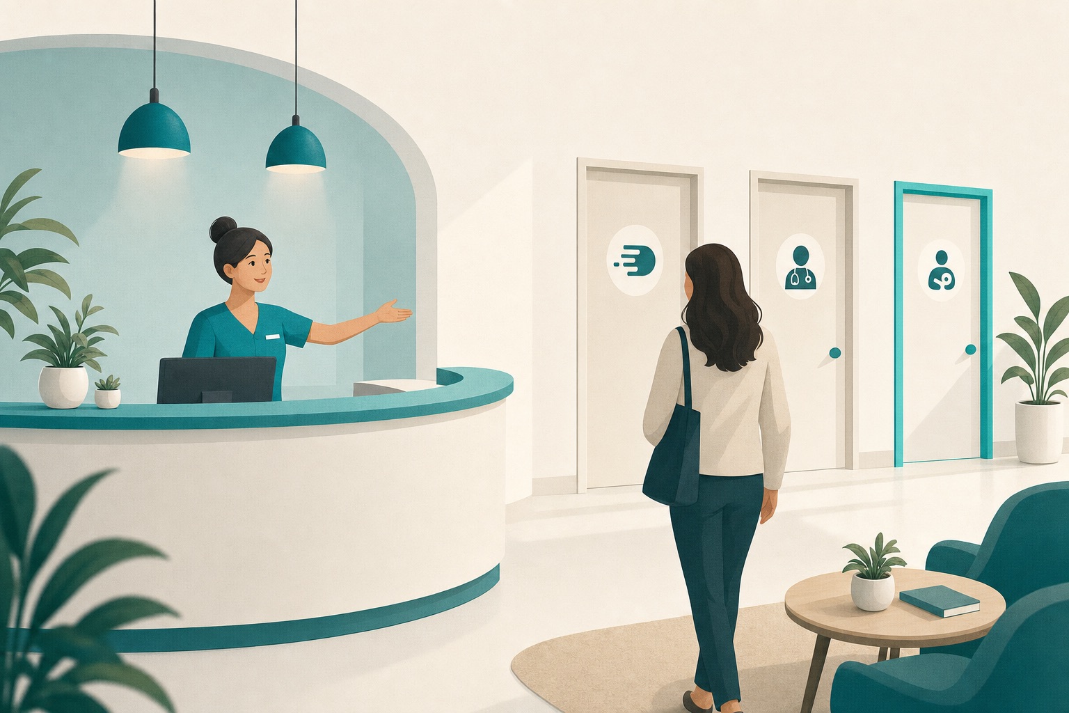 A clinic front desk deciding who sees a nurse, a doctor, or a specialist