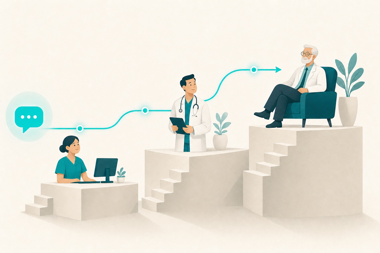 Three levels of care — a nurse, a doctor, and a specialist — with a single message routed to the right one