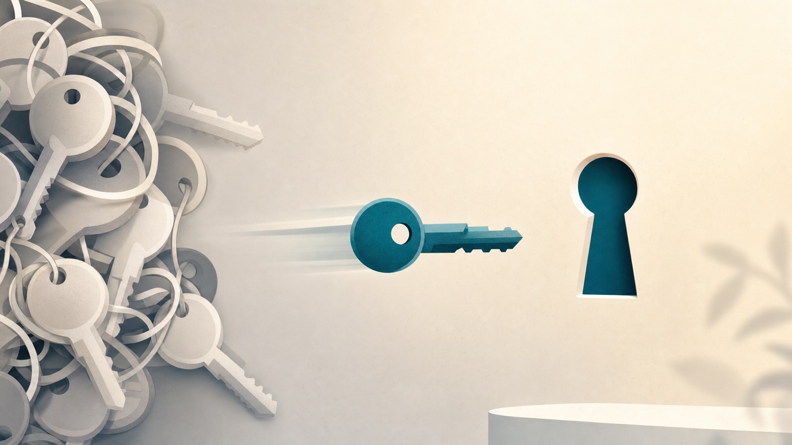 A key being passed between several hands, next to a single key held by one person