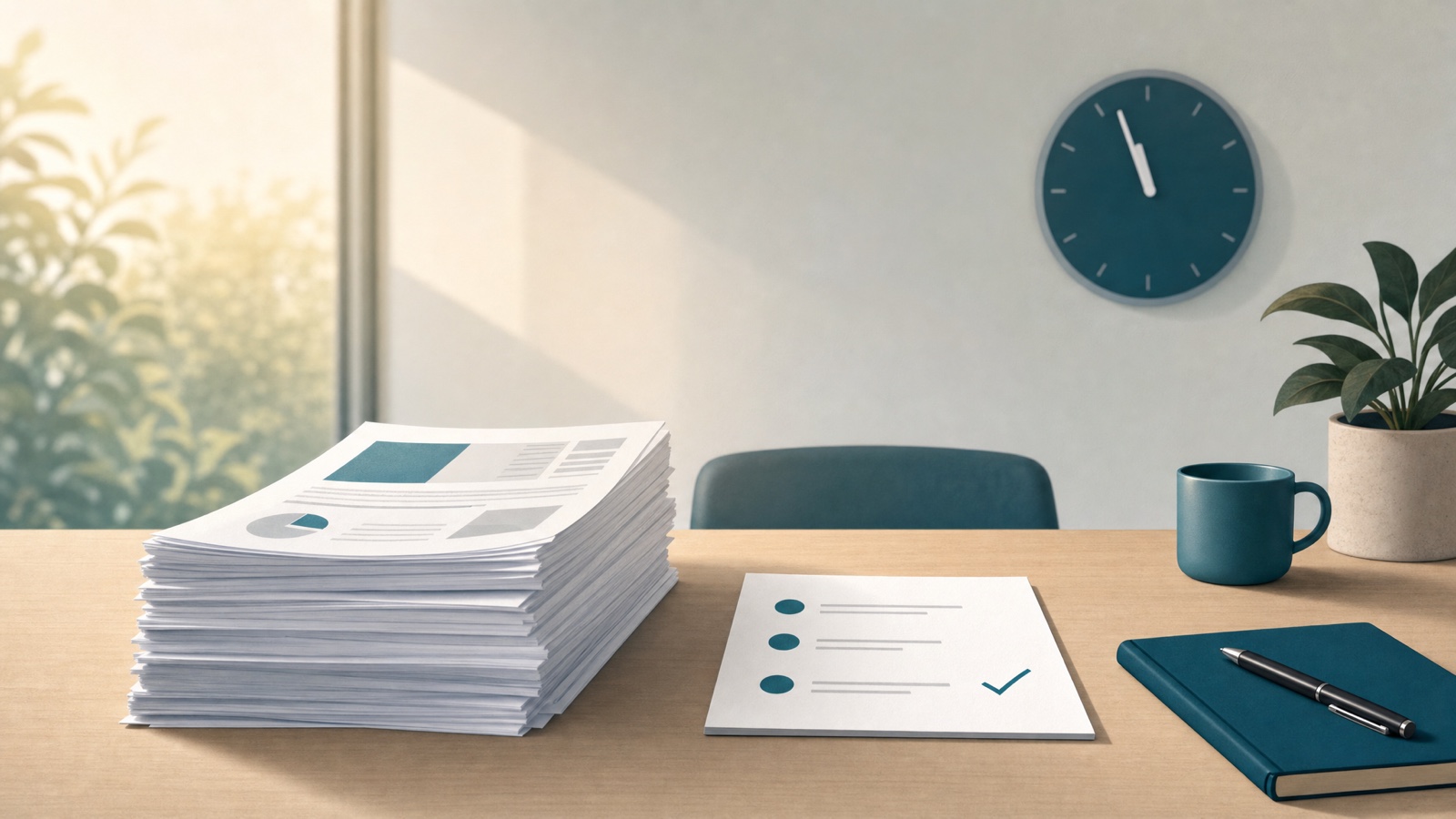 A desk before a meeting — a thick printed report beside a single short summary sheet
