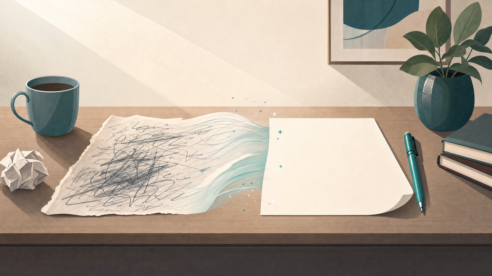 A writer's desk — scattered notes coming together into one tidy piece